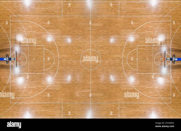 top view of a parquet basketball court with hoops installed and reflections from lighting 2TCDDN2 3 - Lantai Parket Lapangan Basket Teknik Pengecatan Garis Tahan Lama